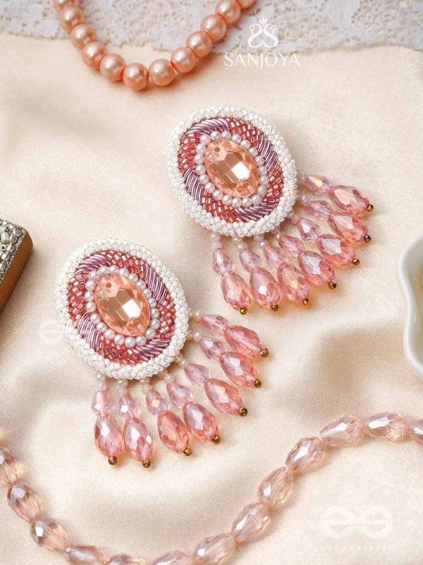 Praatika- The Pink Rose- Pearls and Glass Drops Embroidered Earrings