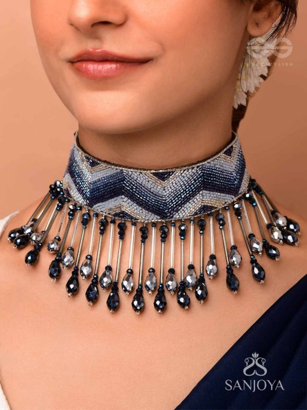 Adrisha- The Indigo Hills- Glass Beads & Mirror Lace Embroidered Choker Necklace