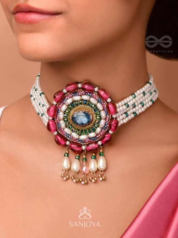 Praatika- The China Rose- Stones & Glass Drops Embroidered Choker Necklace