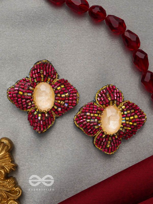 Raagana- The Crimson Bloom- Stones Embroidered Stud Earrings