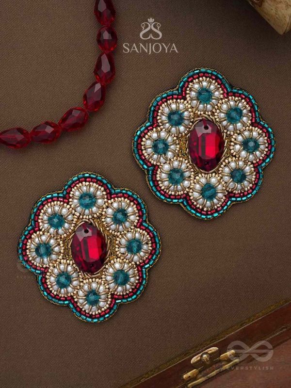 Stibhi - Treasures Of Ruby - Pearls, Stones & Beads Hand Embroidered Earrings