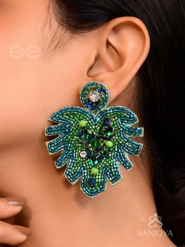 Parnin - The Verdant Leaf - Stones, Sequins And Cutdana Hand Embroidered Earrings