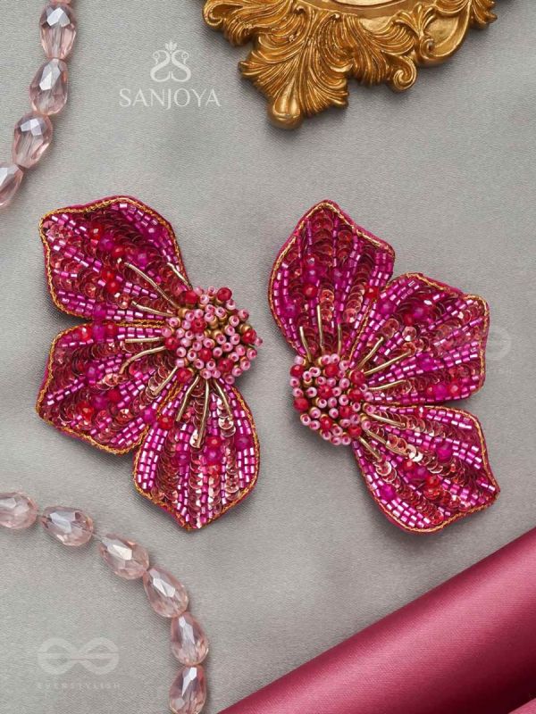 Prasthika- The Crimson Hibiscus- Sequins And Beads Embroidered Stud Earrings