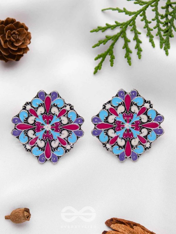 The Floral Fantasy - Oxidised Statement Stud Earrings (Crimson, Violet & Sky Blue)