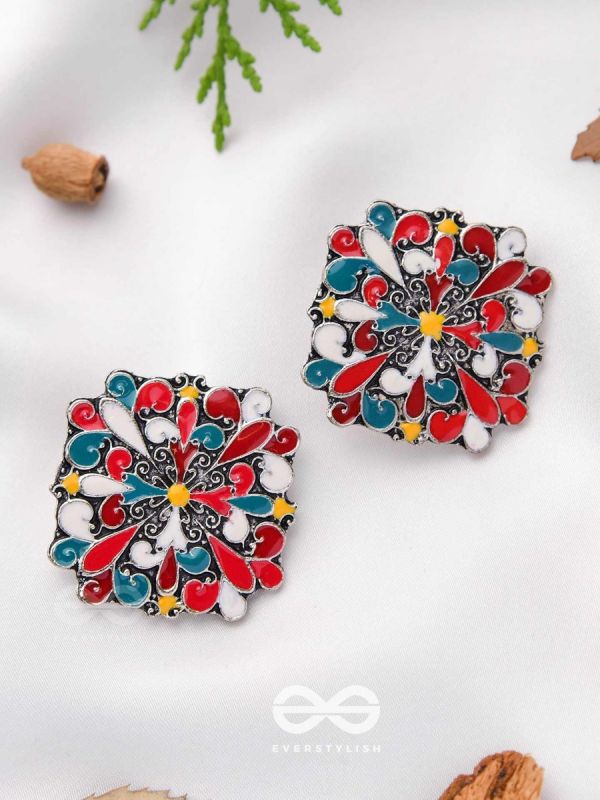 The Floral Fantasy- Oxidised Statement Stud Earrings  (Stone Blue, Crimson & Red Orange)