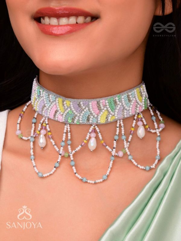 Paatalya- The Flower Meadow- Pearls & Stone Beads Embroidered Choker Necklace 