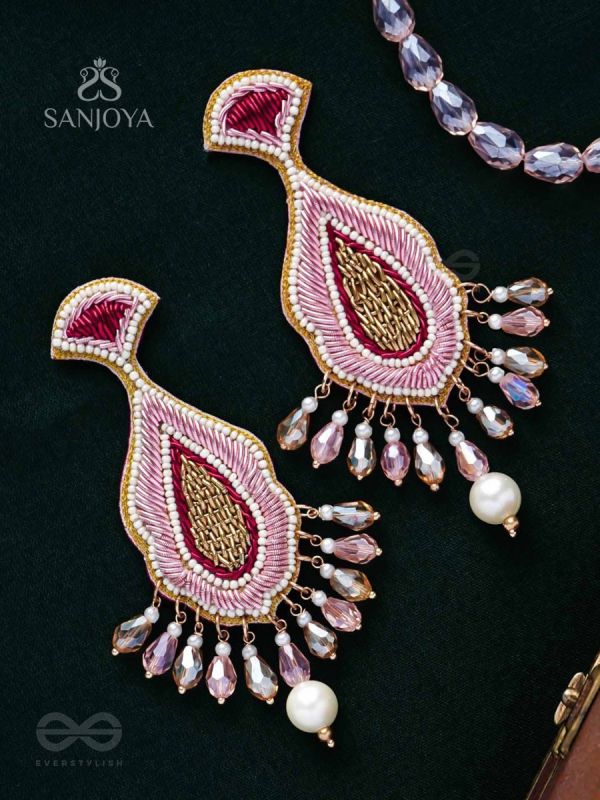 Vismaya - The Amazement - Dabka, Beads And Glass Drops Hand Embroidered Earrings