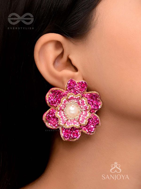 PADMARAGA - THE PINK SAPPHIRE - METAL FLOWER AND PEARL EMBROIDED  EARRINGS
