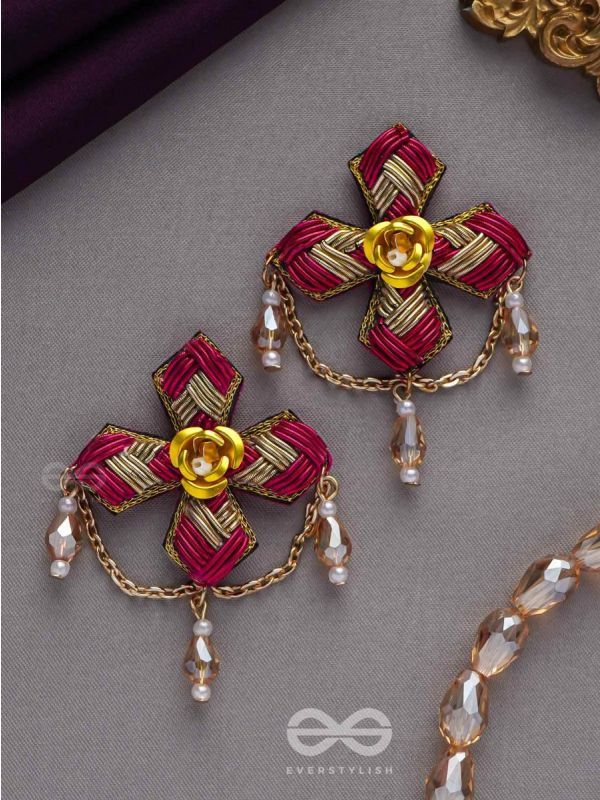 CHAARVI - THE BEAUTIFUL AND ELEGANT - PINK AND GOLD EMBROIDED  EARRINGS WITH METAL FLOWERS