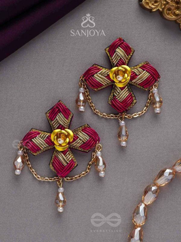 CHAARVI - THE BEAUTIFUL AND ELEGANT - PINK AND GOLD EMBROIDED  EARRINGS WITH METAL FLOWERS