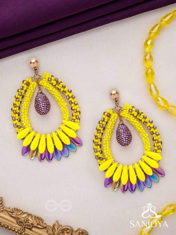 Atidah - Blazing Fierce - Beads And Cutdana Hand Embroidered Earrings (Yellow & Purple)