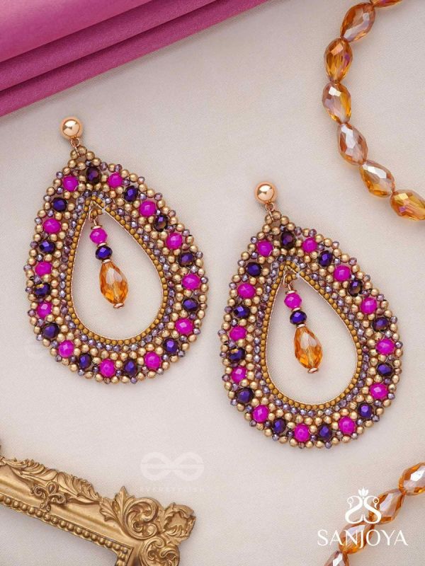 Vilobhanam - The Bittersweet Temptation - Golden Embellished Hand Embroidered Statement Earrings (Pink & Purple)