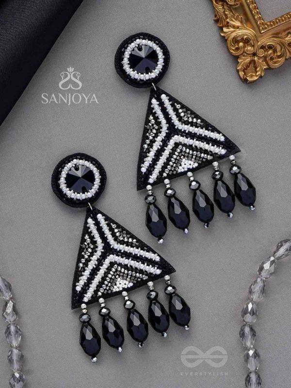 SHWETAKA - THE GLEAMING NIGHT - PEARL, BEADS AND GLASS DROP EMBROIDERED EARRINGS (BLACK & WHITE)