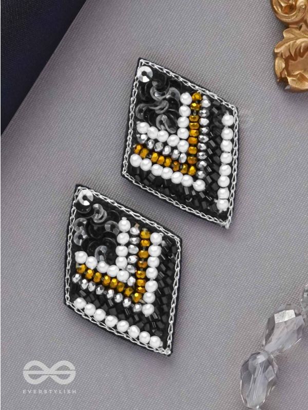 ANAVILA - THE NIGHT'S SYMPHONY - SEQUINS, PEARLS AND BEADS EMBROIDERED STUD EARRINGS (BLACK)
