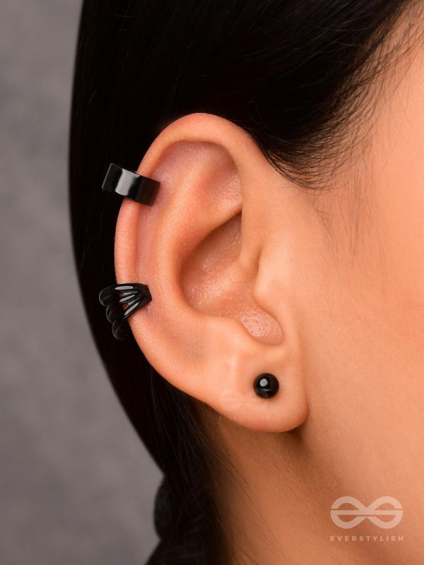 THE PERFECT TRIO - TWO EARCUFF & ONE STUD (ONE EAR) (BLACK)
