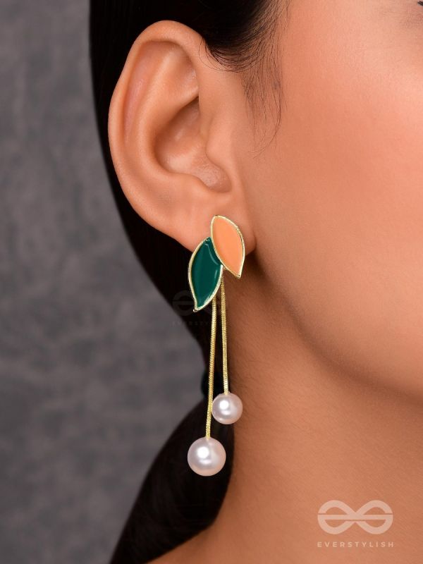 ALWAYS AN ANGEL - PEARL & ENAMELLED EAR JACKETS (GOLD AND GREEN)