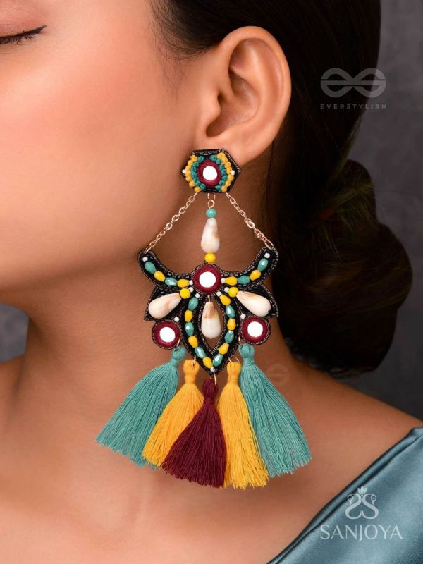 ROCHANA - THE ASSORTED GLEAM - MIRROR, BEAD AND MARBLE DROP EMBROIDERED DROP EARRINGS (MULTICOLOR)