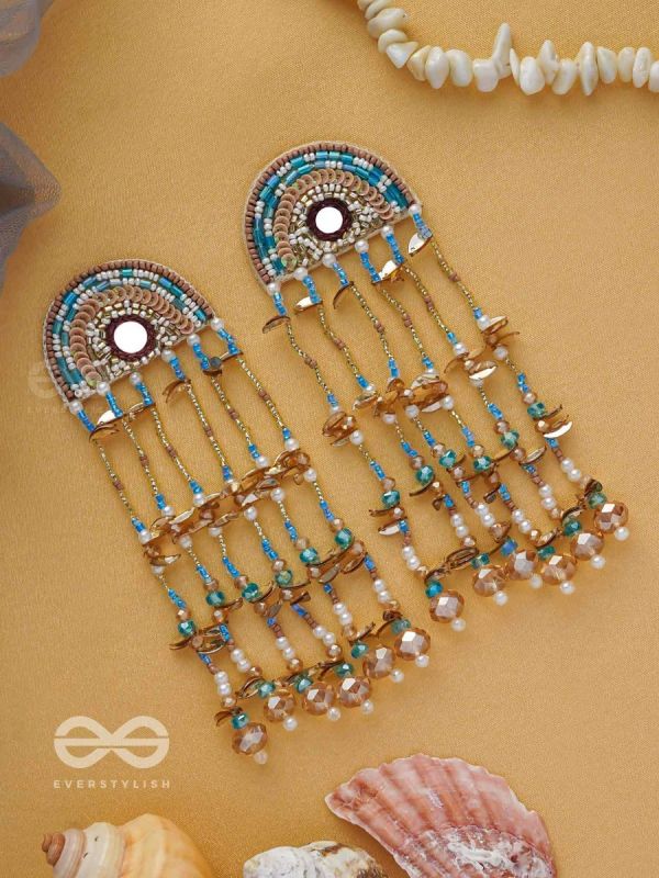 AMBUDHARA - THE RAINSTREAM - SEQUINS, BEADS AND MIRROR EMBROIDERED DROP EARRINGS (BLUE & GOLD)
