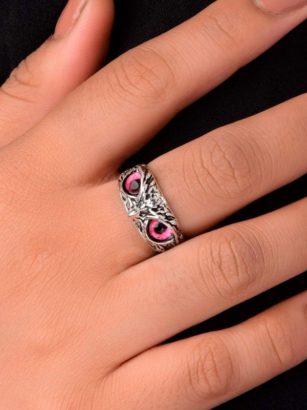 A KNOW-IT-OWL - PINK EYED SILVER RING