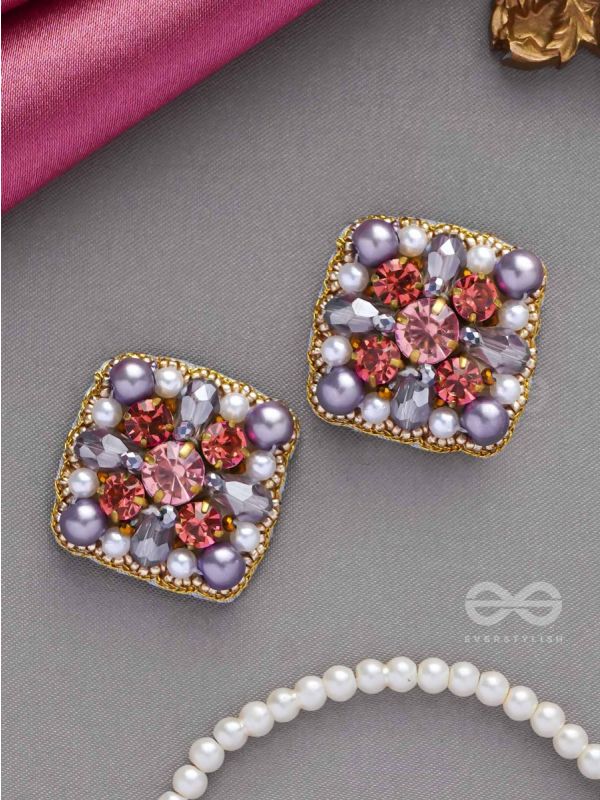 AMANITA - THE HUMBLE GRACE - STONE, BEADS AND PEARLS EMBROIDERED STUD EARRINGS 