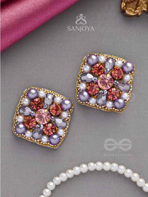 AMANITA - THE HUMBLE GRACE - STONE, BEADS AND PEARLS EMBROIDERED STUD EARRINGS 