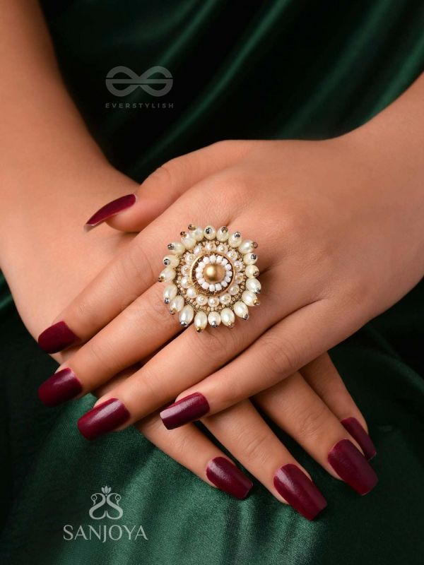 MOTISHOBHINI - THE PEARL RADIANCE - PEARLS AND BEADS EMBROIDERED RING (WHITE & GOLDEN)