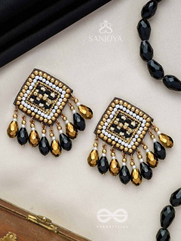 KAMAGNI - FIRE OF PASSION - PEARLS, BEADS AND GLASS DROPS EMBROIDERED EARRINGS (BLACK & GOLDEN)