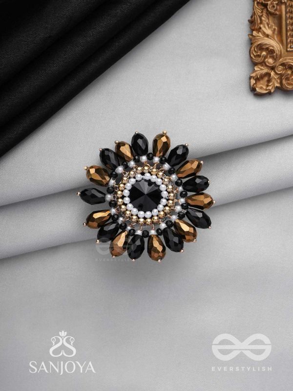 ARALU - FLOWER IN BLOOM - BEADS, STONE, GLASS DROPS AND PEARLS EMBROIDERED RING (BLACK & GOLDEN)