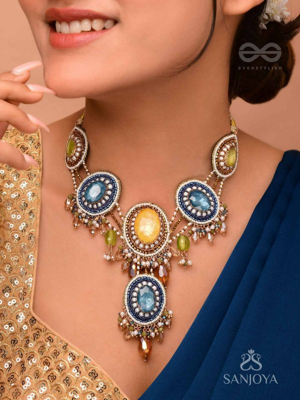 Suvibhushita - Adorned With Splendor - Stones, Glass Drops And Beads Hand Embroidered Neckpiece