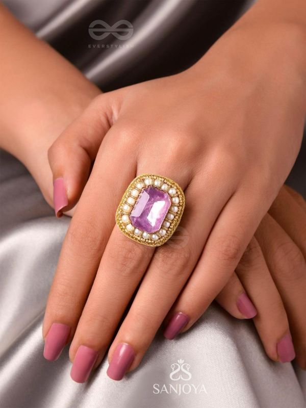 PRAKDHIPTA - STUDDED WITH STONE - PEALS, STONE AND BEADS EMBROIDERED STUD RING (PURPLE)
