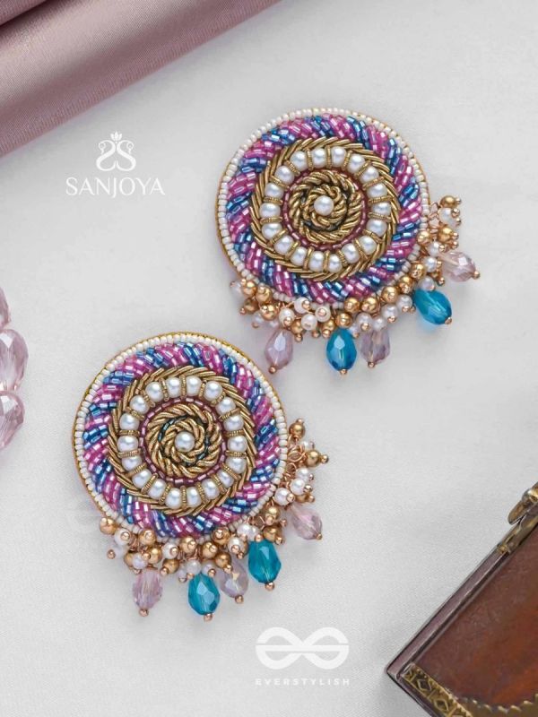 UDYATA- ROUNDABOUT RADIANCE - BEADS, PEARLS AND GLASS DROPS EMBROIDERED EARRINGS (MULTICOLOR)