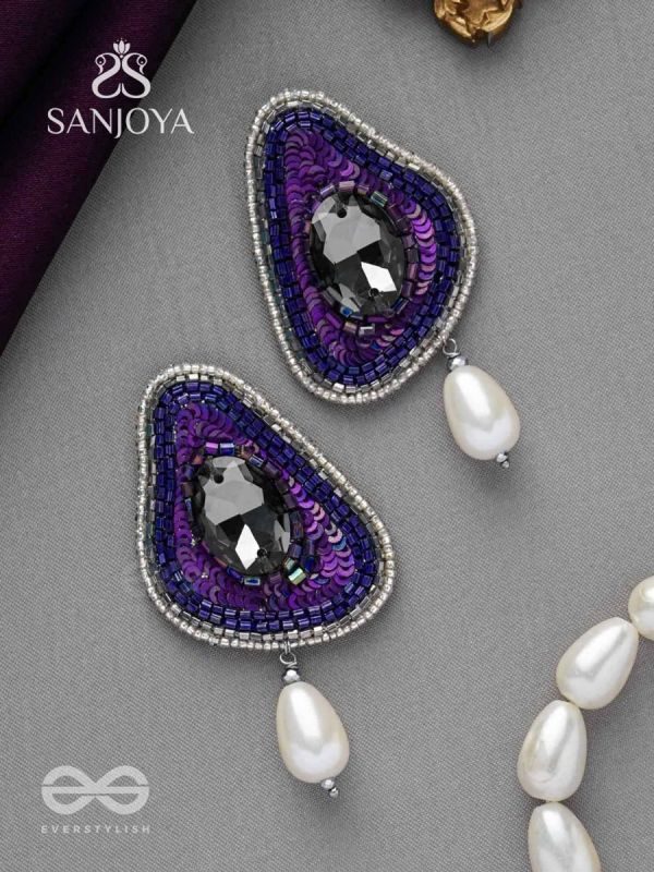 VIRUPATA - THE FREE SPIRITED - STONE, CUT DANA, SEQUINS AND PEARL DROP EMBROIDERED EARRINGS (PURPLE)