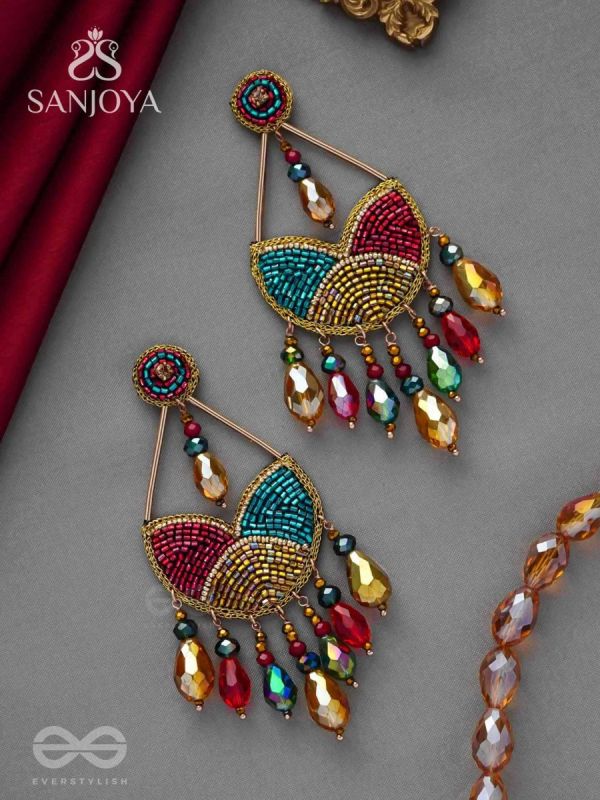 AMOHA - THE MESMERISING TWILIGHT - GLASS DROPS, STONE, CUTDANA AND BEADS EMBROIDERED EARRINGS (MULTICOLOR)