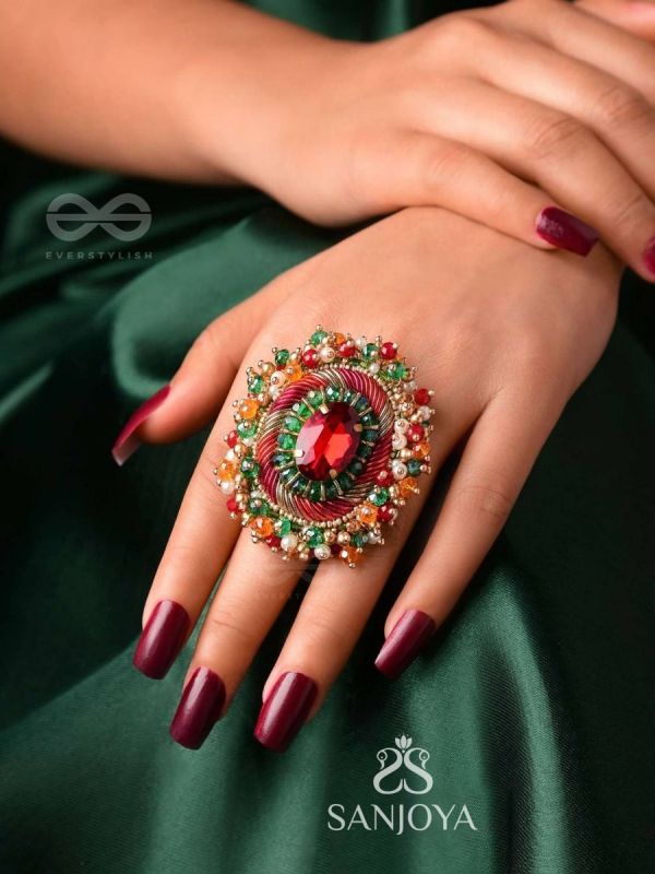 VIBHRAJITA - THE SPARKLING GEM - BEADS, CUTDANA AND PEARLS EMBROIDERED RING (MULTICOLOR)