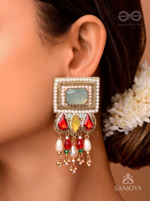 ANAGHA - THE SUNSET SPLENDOR - STONES, BEADS AND GLASS DROP EMBROIDERED EARRINGS