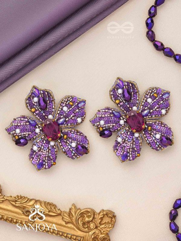 SVABHĀVIKA - THE NATURAL GRACE - STONE, SEQUINS AND PEARLS EMBROIDERED EARRINGS (PURPLE)