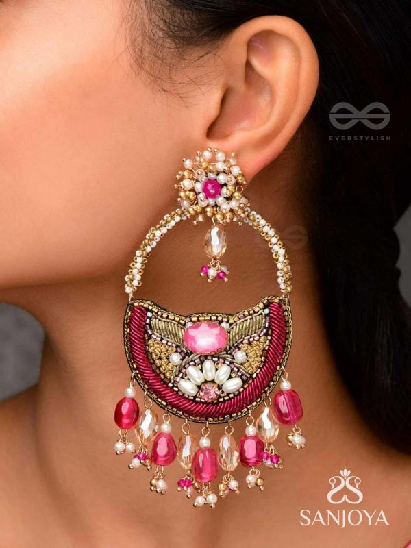 VILAKSANA - UNIQUE SPARKLING MOMENTS - STONE, BEADS, GLASS DROPS AND PEARLS EMBROIDERED EARRINGS (MAGENTA & GOLDEN)