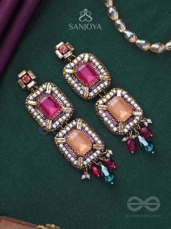 ANANYADHARANA - THE EXCLUSIVE ADORNMENT - STONES, PEARLS AND GLASS DROPS EMBROIDERED EARRINGS