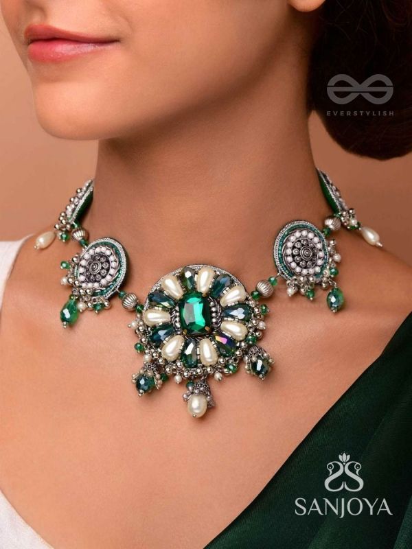 PRADHI - MOON LIKE ELEGANCE - GLASS DROPS, STONES AND PEARLS EMBROIDERED AND OXIDISED NECKPIECE