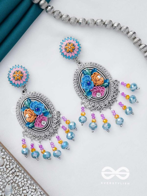 MANORAMVARNA - OF BEAUTIFUL COLORS - SEQUINS, BEADS AND PEARLS EMBROIDERED AND OXIDISED EARRINGS