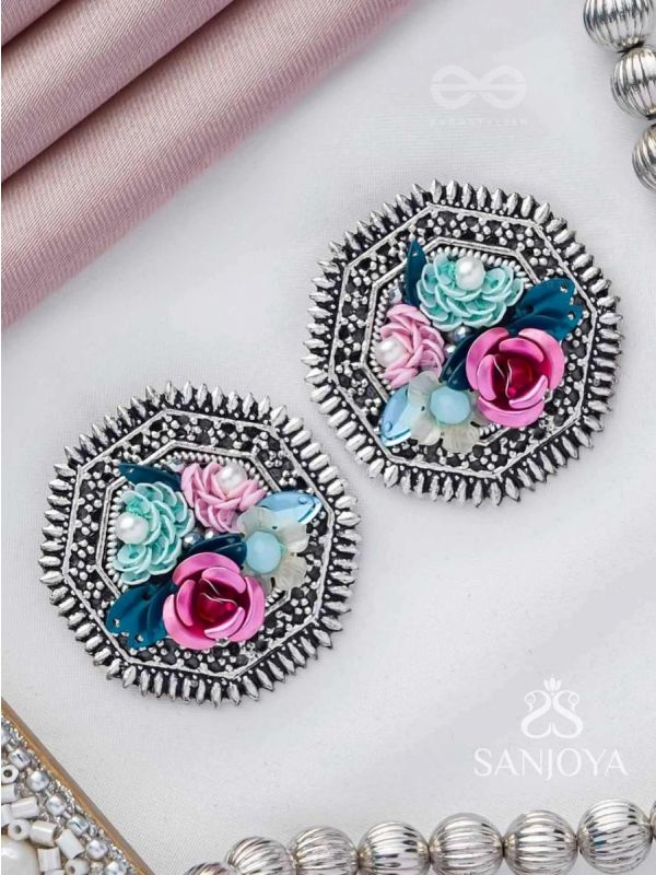 UDYANAKALA - GARDEN OF ART - SEQUINS AND PEARLS EMBROIDERED AND OXIDISED STUD EARRINGS