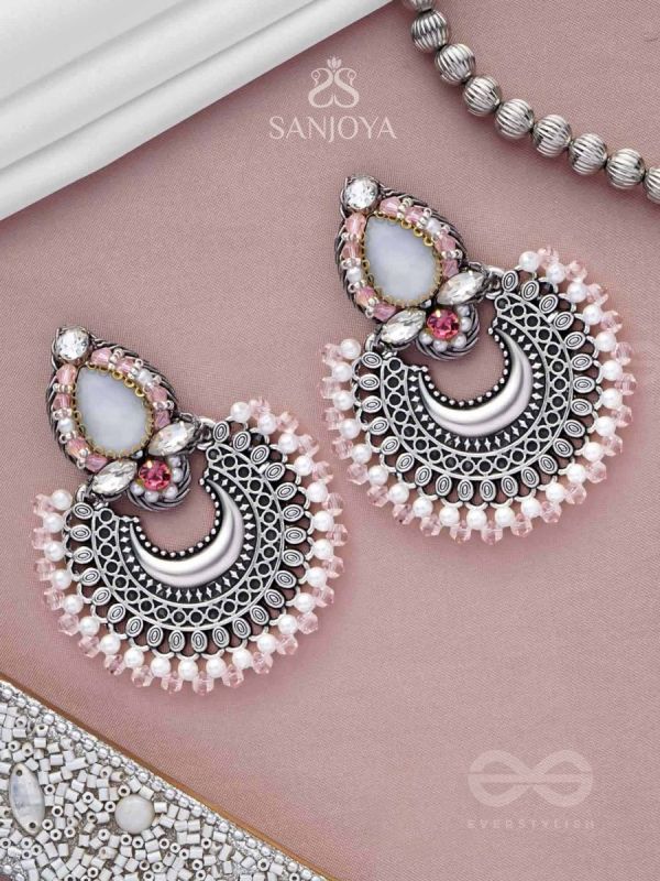 CHANDRABHAAS - MOON LIKE APPEARANCE - PEARLS AND STONE EMBROIDERED AND OXIDISED EARRINGS
