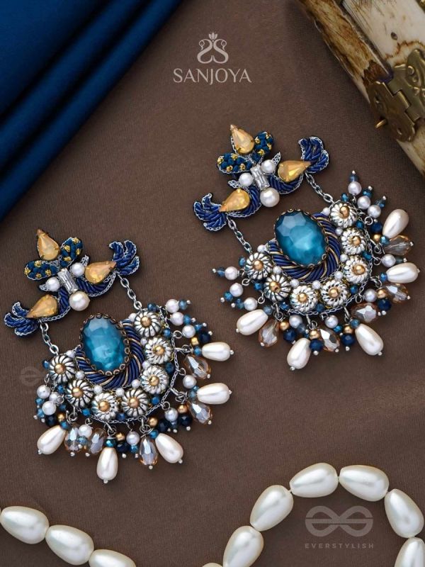 RAJATCHANDALI - THE MOON'S GLAMOUR - STONE, PEARL DROPS AND BEADS EMBROIDERED EARRINGS 