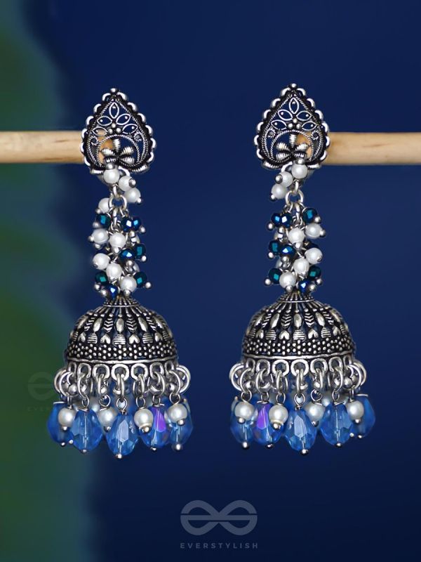 The Tinsel Swirls - Beaded Oxidised Jhumka Earrings (Blue)