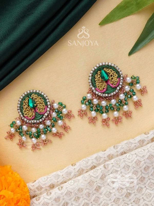 VARNANANDINI - THE COLORFUL DELIGHT - STONE, PEARLS AND BEADS EMBROIDERED EARRINGS (GREEN & PINK)