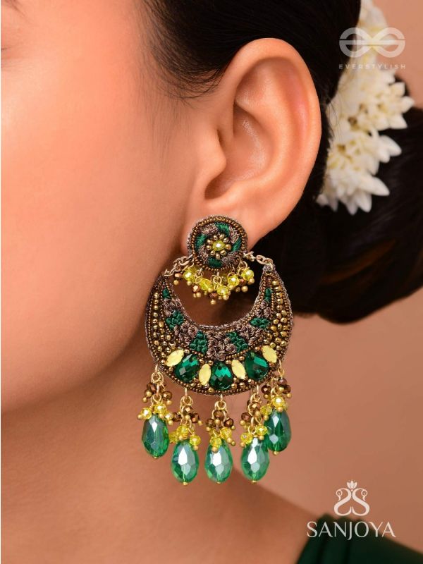 Sajivika - The Lively Dreamdrops - Beads And Glass Drops Hand Embroidered Earrings (Green & Golden)