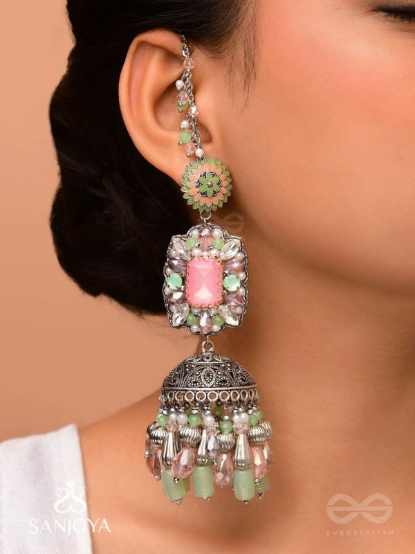 Abhivars - A Shower Of Blossom - Stone And Beads Oxidised And Hand Embroidered Jhumka Earrings