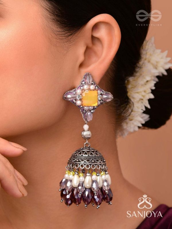 Vasatya - Gradient Of Dusk - Stone And Beads Hand Embroidered And Oxidised Jhumka Earrings