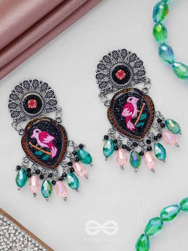VIHANGIKA - FEATHERED FLIGHT ELEGANCE - STONE, GLASS DROPS AND RESHAM EMBROIDERED AND OXIDISED EARRINGS