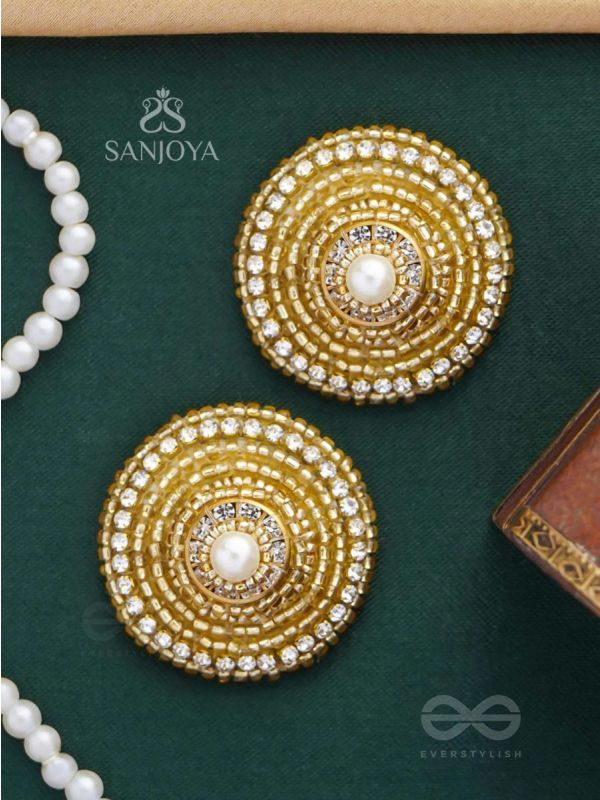 PRABHAKARINI - THE ILLUMINATING GOLDEN - PEARLS AND BEADS EMBROIDERED STUD EARRINGS